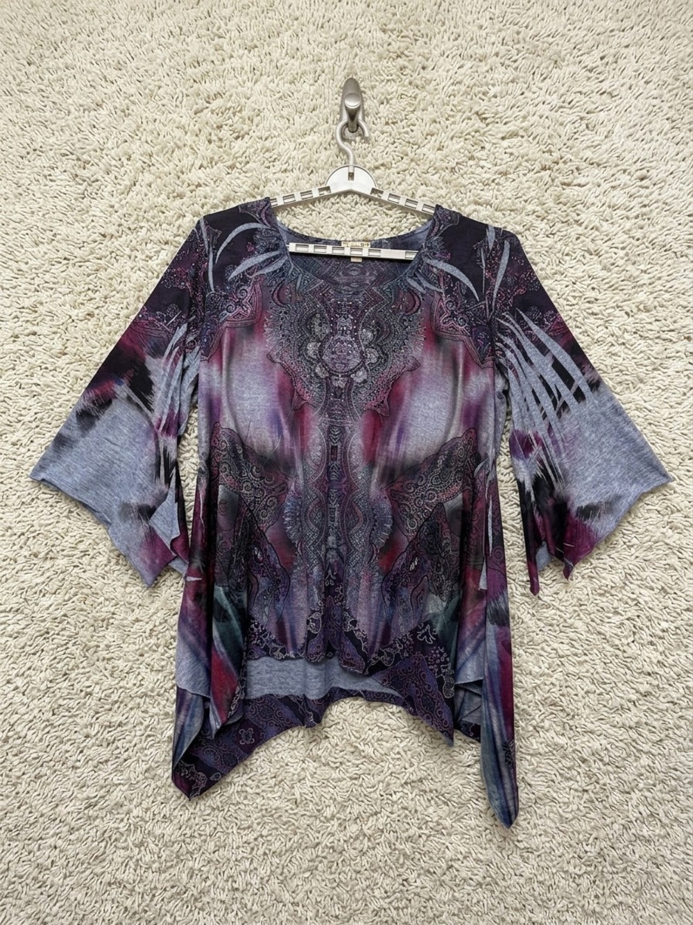 One World Tunic Top Rhinestones Paisley Fairy Asymmetrical Boho Hippie Artsy 3X